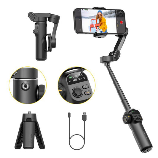 AOCHUAN Gimbal Stabilizer for Iphone, 3-Axis Smartphone Gimbal Built in 7.8' Extension Rod, Portable Gimbal Stabilizer W/Oled Display for Iphone/Android, Perfect for Tiktok Youtube Vlogging-Smart X2 Black
